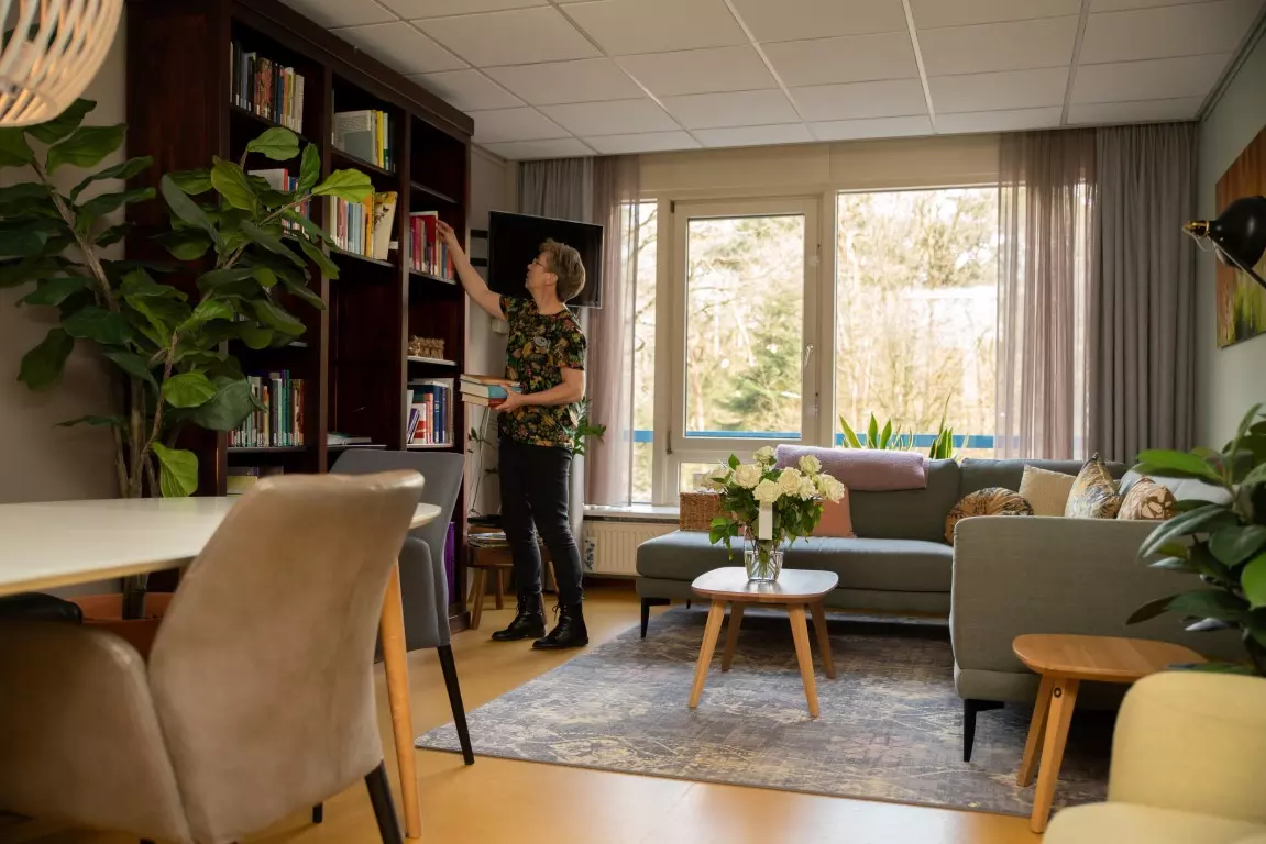 De kleine huiskamer met bilbiotheek